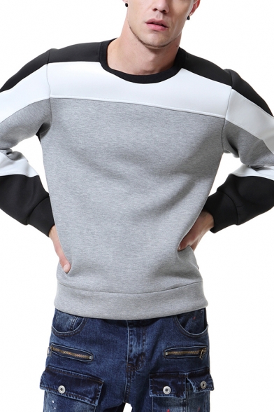 Simple Color Block Patchwork Long Sleeve Round Neck Relaxed Fit Pullover Sweatshirt