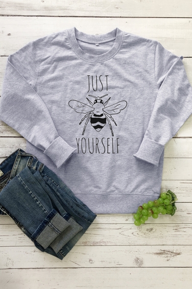 Simple Letter Just Bee Yourself Printed Long Sleeve Round Neck Loose Pullover Sweatshirt