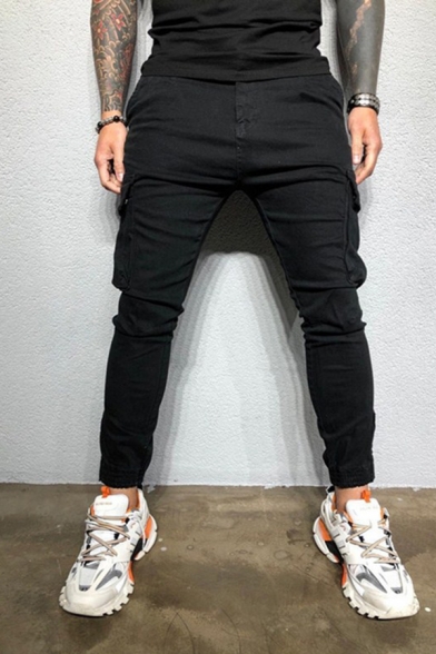 Solid Color Flap Pocket Side Zipper Decoration Slim Fit Street Style Woven Pants for Men