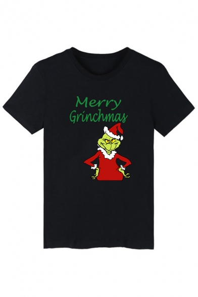 Street Black Short Sleeve Crew Neck Letter MERRY GRINCHMAS Grinch Printed Relaxed Fit T Shirt for Women