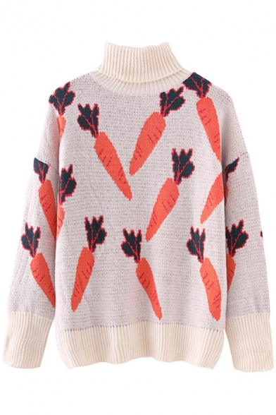 Stylish Girls' Long Sleeve Turtleneck Carrot Patterned Knit Baggy Pullover Sweater