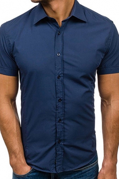 Summer Casual Men's Solid Color Short Sleeves Button-Up Fitted Shirt for Men