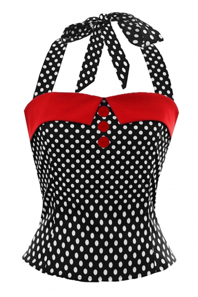 Summer Sexy Girls' Sleeveless Bow Tie Halter Button Detail Polka Dot Print Contrasted Fitted Cami Top in Navy