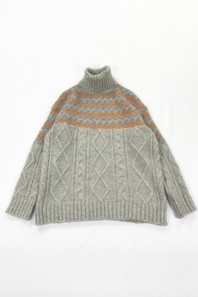 Unique Geometric Panel Turtle Neck Long Sleeve Cable Knitted Baggy Pullover Sweater