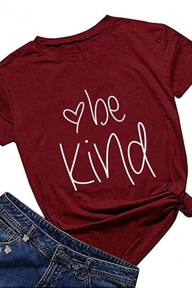Women's Basic Roll Tab Sleeve Crew Neck Heart Print BE KIND Letter Relaxed T-Shirt