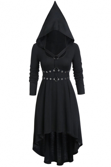 Women's Gothic Long Sleeve Pointy Hooded Crisscross Buckle Strap Long Pleated Cosplay Costumes Flowy Dress in Black