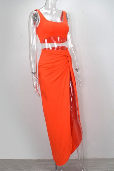 Womens Sexy Fashion Cropped Tank Top with Knotted Split Maxi Skirt Plain Two Piece Set