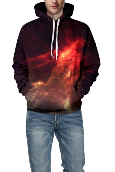 Black and Red Universe Galaxy 3D Printed Long Sleeve Drawstring Hoodie