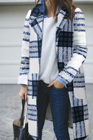 Blue Chic Long Sleeve Notch Collar Plaid Patterned Button Front Relaxed Midi Wool Coat for Female