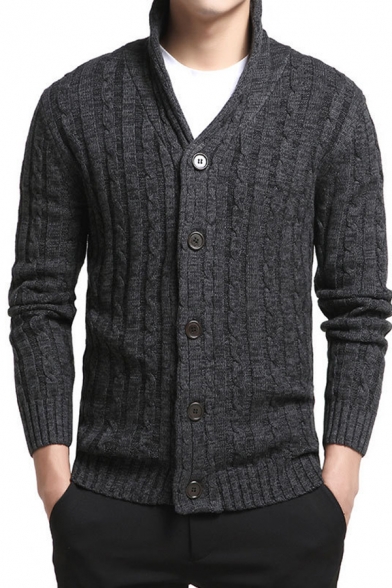 British Style Plain Long Sleeve Button Down Slim Fit Cable Knit Cardigan Coat