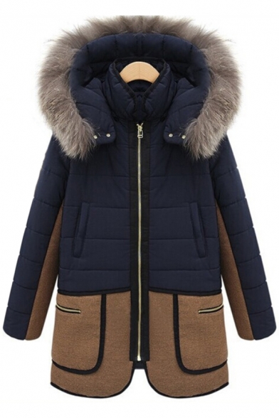 Casual Navy Blue Long Sleeve Hooded Zip Front Fluff Trim Pockets Side Patched Boxy Puffer Coat for Women