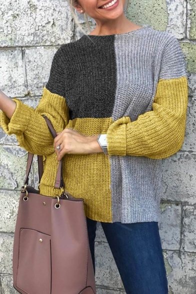 Casual Street Women's Long Sleeve Boat Neck Contrasted Patched Knit Relaxed Fit Pullover Sweater in Yellow