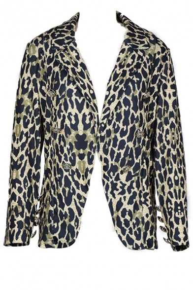 Charm Dressy Women's Long Sleeve Notch Lapel Collar Leopard Print Double Breasted Slim Blazer in Black