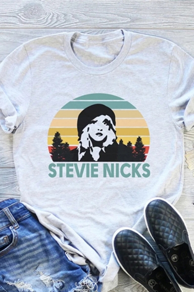 Chic Cartoon Girl Letter STEVIE NICKS Printed Curved Short Sleeve Casual Graphic T-Shirt