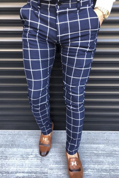 Classic Grid Pattern Zipper Fly Slim Fit Business Pants for Men