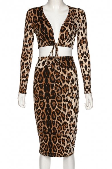 Classic Leopard Print V-Neck Tied Front Cropped Top with Midi Skirt Brown Co-ords