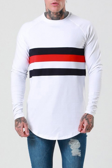 Color-Block Stripe Panel Round Neck Long Sleeves Arc Hem Slim Fitted T-Shirt