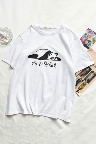 Cool Girls' Short Sleeve Crew Neck Panda Print Loose Fit T-Shirt