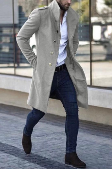 Cool Men's Plain Stand Collar Epaulets Long Sleeve Metal Buckle Decoration Longline Wool Coat