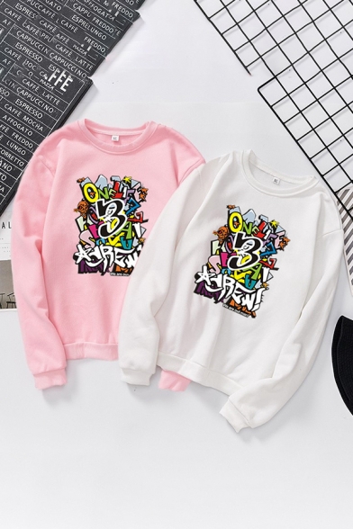 Cool Women's Long Sleeve Crew Neck Letter Print Loose Fit Pullover Sweatshirt