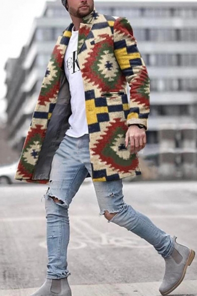 Creative Color Blocked Plaid Geometric Pattern Long Sleeve Tunic Woolen Jacket Coat