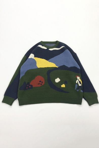 Creative Park Landscape Paint Long Sleeve Blue and Green Oversized Knit Sweater