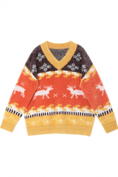 Cute Color Block Reindeer Pattern Long Sleeve V-Neck Fluffy Knit Slouchy Christmas Sweater