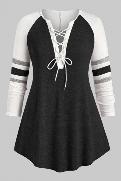Cute Fancy Girls' Long Sleeve Deep V-Neck Lace Up Stripe Contrasted Pleated Loose T Shirt