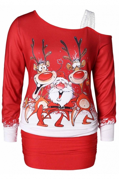 Cute Fashion Long Sleeve Asymmetric Neck Santa Claus and Reindeer Printed Contrasted Short Sheath Christmas T-Shirt Dress for Girls