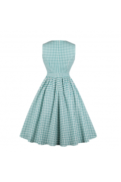 Cute Formal Sleeveless Turn Down Collar Plaid Printed Bow Tie Decoration Zip Back Midi Pleated Flared Dress for Women