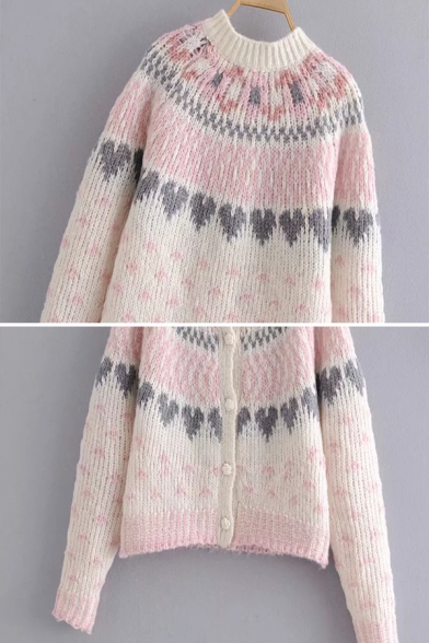Cute Girls Heart Print Long Sleeve Rose Button Front Pink Chunky Knit Short Cardigan