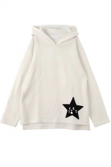 Cute Harajuku Trendy Women's Long Sleeve Star Kitty Printed Slit Side Oversize Hoodie