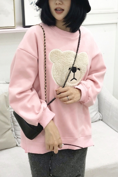 Cute Kwaii Girls Long Sleeve Crew Neck Bear Printed Fluff Liner Slit Side Baggy Pullover Sweatshirt