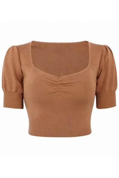 Elegant Ladies' Plain Short Sleeve V-Neck Ruched Knit Fitted Crop T-Shirt