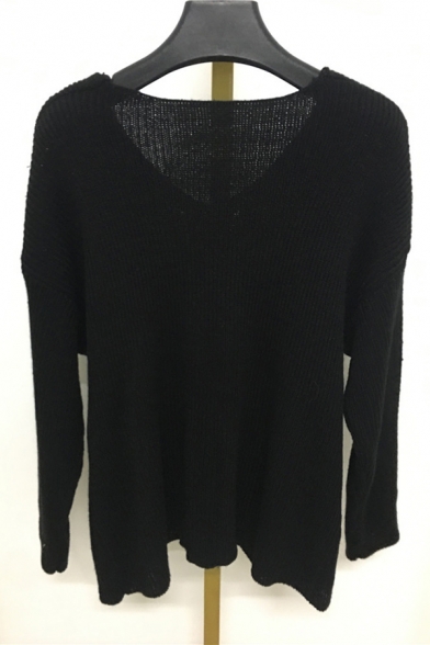 Elegant Plain Dolman Sleeve V-Neck Boxy Chunky Knit Pullover Sweater Top for Ladies
