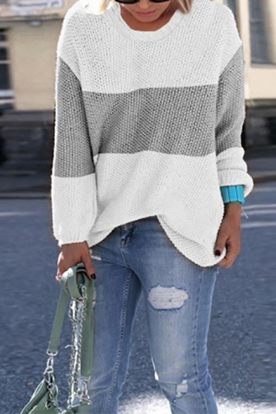 Fashion Street Long Sleeve Round Neck Contrasted Patched Relaxed Fit Chunky Knit Pullover Sweater Top for Female