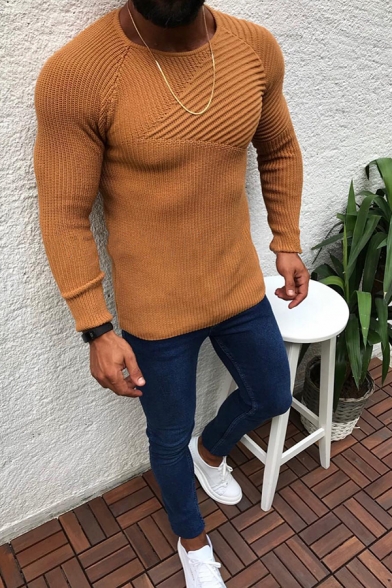 Fashionable Solid Color Long Sleeve Knit Fitted Pullover Sweater for Men