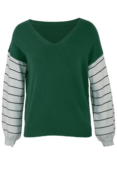 Girls' Casual Cozy Blouson Sleeve V-Neck Stripe Print Patched Boxy Sweater