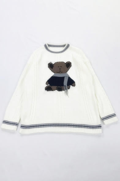 Girls Lovely Bear with Scarf Print Stripe Trim Long Sleeve Crewneck Loose Knit Sweater