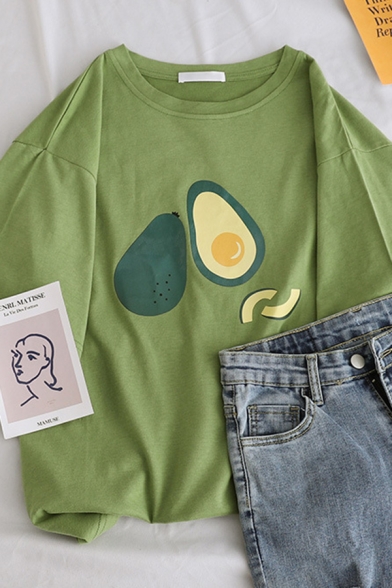 Girls Popular Avocado Pattern Short Sleeve Crewneck Loose Fit Summer T-Shirt