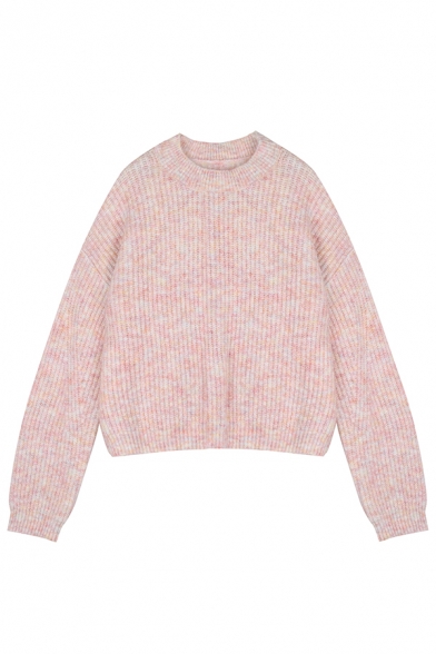 Girls Popular Simple Pink Long Sleeve Crewneck Boucle Knit Pullover Sweater