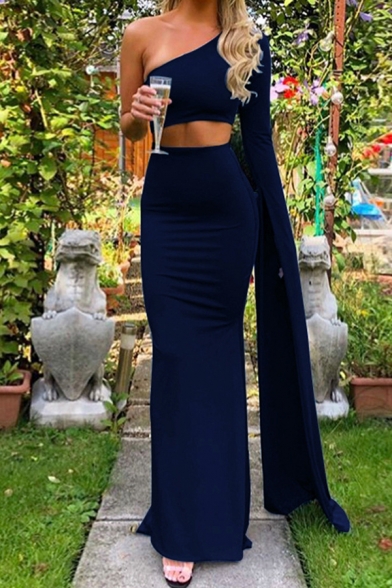 Glamorous Plain One Shoulder Split Long Sleeve Crop Top with Maxi Skirt for Party