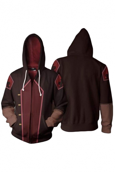 Hot Anime Cosplay Costume Colorblock Patch Long Sleeve Zip Up Brown and Red Hoodie