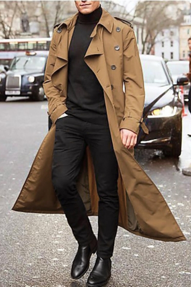 Stylish Solid Color Long Sleeve Button Embellished Longline Trench Coat