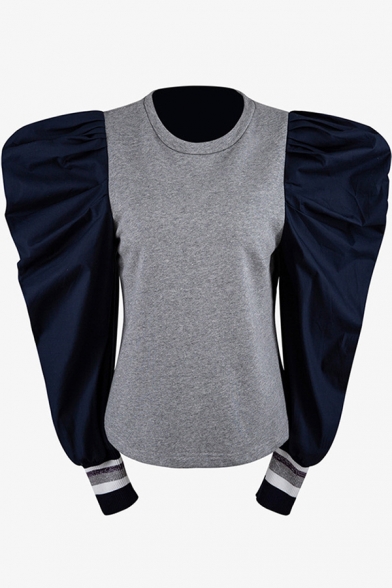 Ladies Designer Contrast Puff Long Sleeve Zip Back Gray and Navy Fitted Sweatshirt