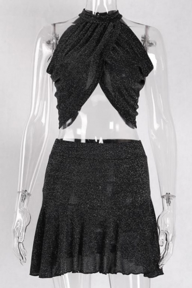 Ladies Sexy Bling Bling Fashion Black Halter Top with Mini Ruffled Skirt Two Piece Set