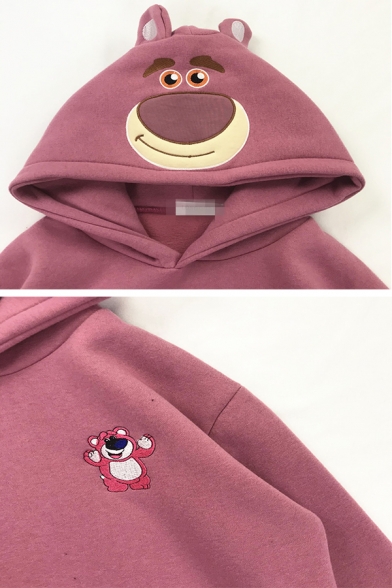 Lovely Bear Embroidery Long Sleeve Pouch Pocket Oversized Pullover Hoodie
