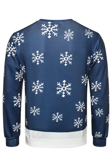 Lovely Cartoon Elk Snowflake Digital Printed Long Sleeve Blue Christmas Sweatshirt