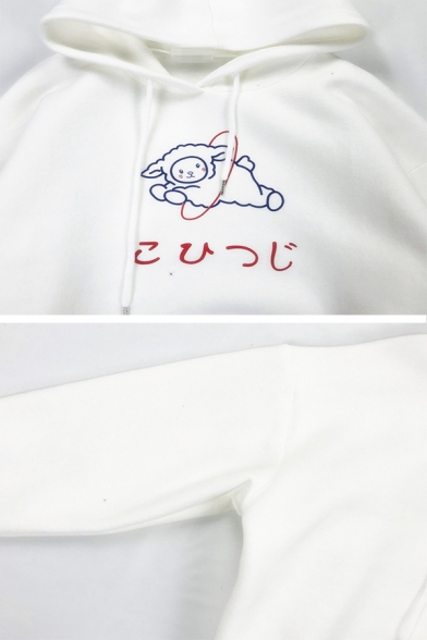 Lovely Cartoon Sheep Japanese Letter Printed Long Sleeve White Thick Baggy Hoodie