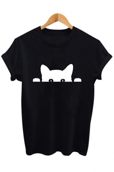 Lovely Cat Letter THE BLACK CAT Printed Short Sleeve Crewneck Leisure T-Shirt